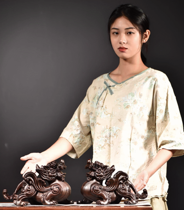 Pair of Hand-carved Thunder-struck Ebony Pixiu: Traditional Chinese Feng Shui Decor for Career Success & Home Blessing - Image 2