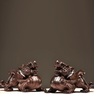 Pair of Hand-carved Thunder-struck Ebony Pixiu: Traditional Chinese Feng Shui Decor for Career Success & Home Blessing