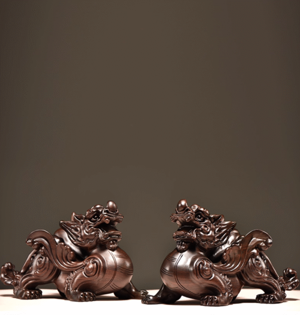 Pair of Hand-carved Thunder-struck Ebony Pixiu: Traditional Chinese Feng Shui Decor for Career Success & Home Blessing