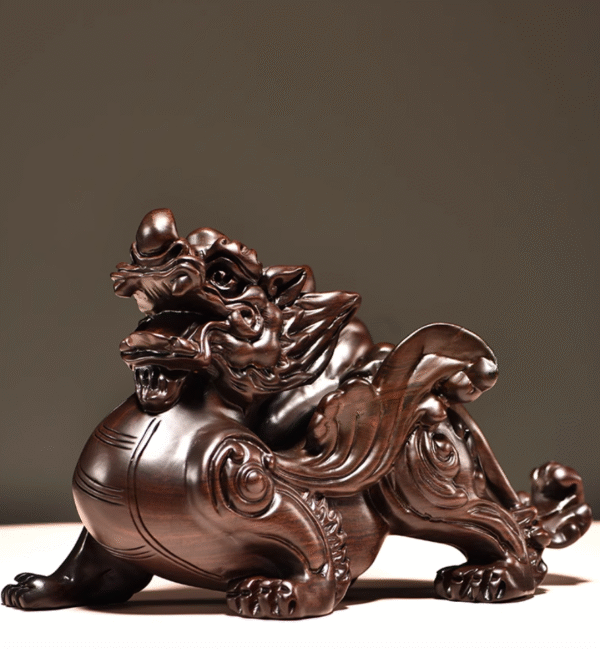 Pair of Hand-carved Thunder-struck Ebony Pixiu: Traditional Chinese Feng Shui Decor for Career Success & Home Blessing - Image 4