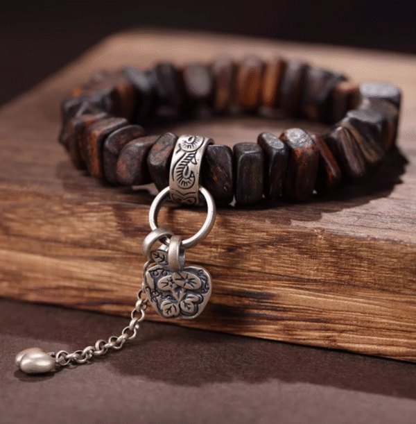 Irregular Thunderstruck Wood Bracelet with Silver Charms: Handknotted Storm - Inspired Jewelry