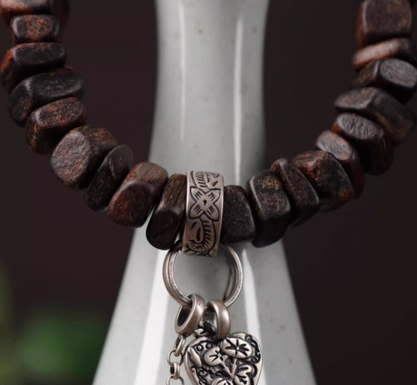 Irregular Thunderstruck Wood Bracelet with Silver Charms: Handknotted Storm - Inspired Jewelry - Image 5