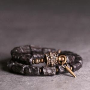 Thunderstruck Wood Double - Strand Bracelet: Edgy Couples’ Accessory with Storm - Forged Charm