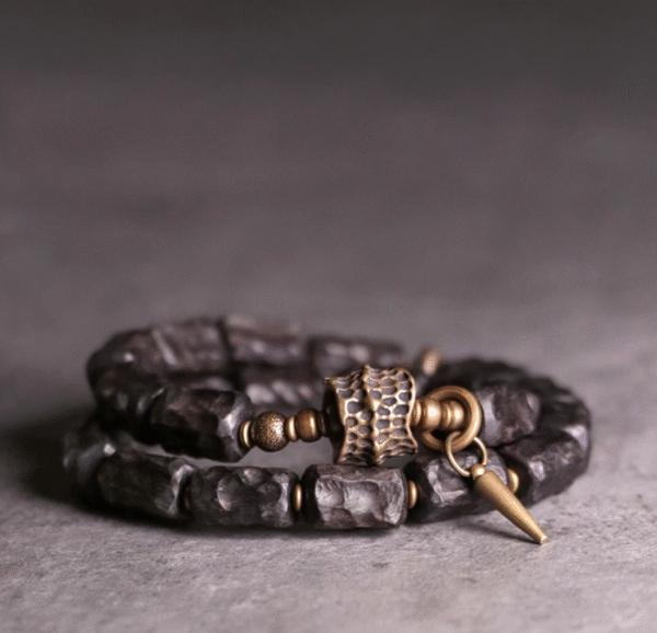Thunderstruck Wood Double - Strand Bracelet: Edgy Couples’ Accessory with Storm - Forged Charm