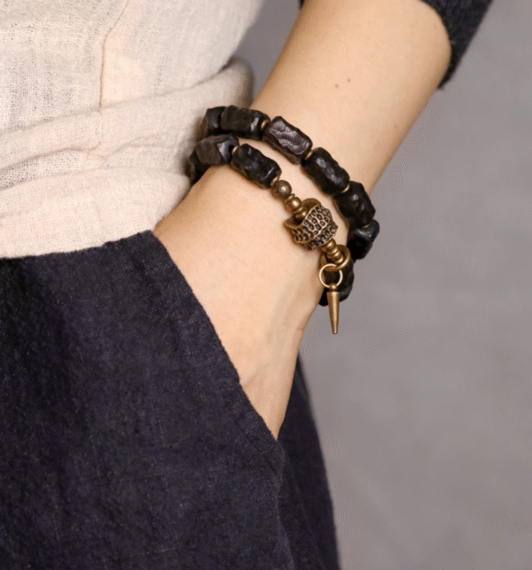 Thunderstruck Wood Double - Strand Bracelet: Edgy Couples’ Accessory with Storm - Forged Charm - Image 2