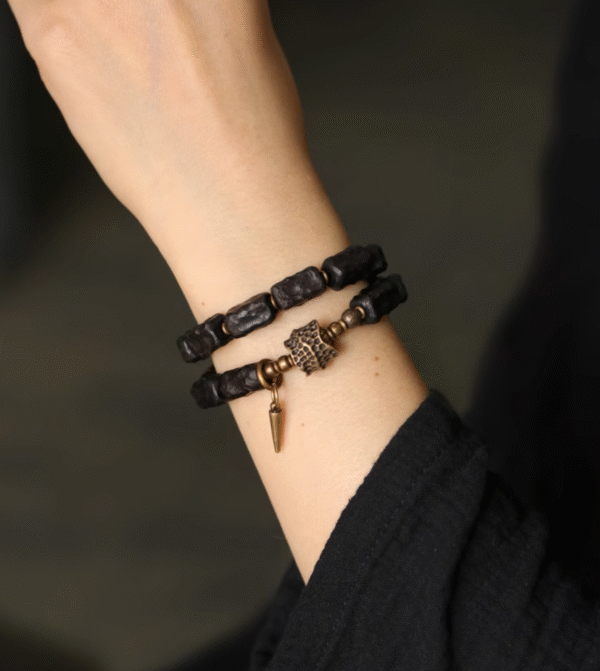 Thunderstruck Wood Double - Strand Bracelet: Edgy Couples’ Accessory with Storm - Forged Charm - Image 3