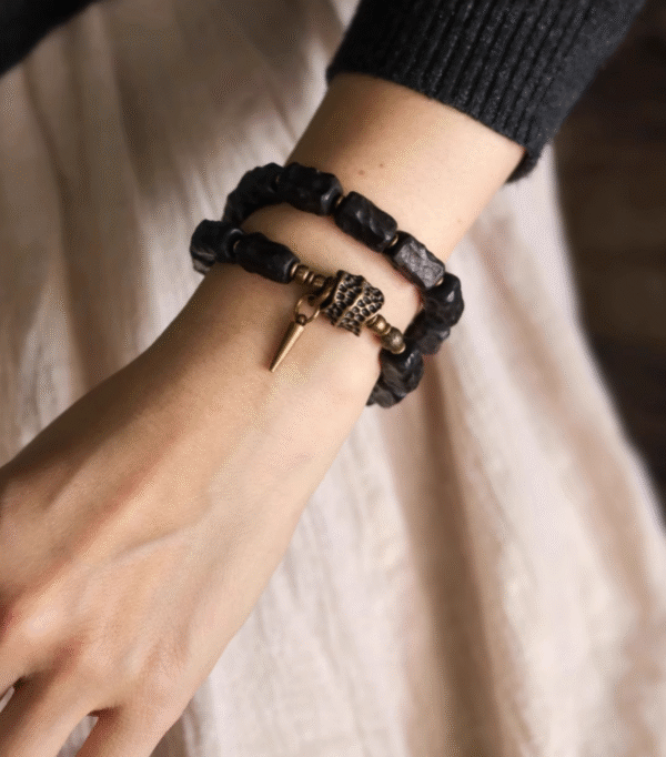 Thunderstruck Wood Double - Strand Bracelet: Edgy Couples’ Accessory with Storm - Forged Charm - Image 7