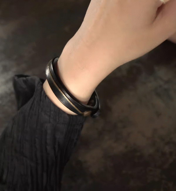 Handmade Thunderstruck Wood & Brass Leather - Strap Bracelet: Retro Unisex Couple Jewelry - Image 4
