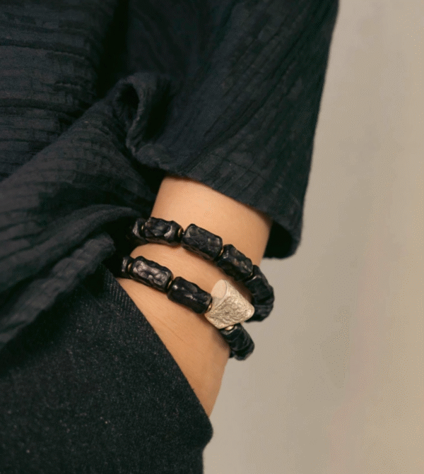 Handmade Thunderstruck Wood & Pure Silver Bracelet: Retro - Style Dual - Layer Unisex Jewelry - Image 3