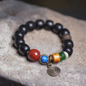 Handmade Thunderstruck Wood, Agate & Brass Beaded Bracelet: Bohemian - Style Unisex Jewelry