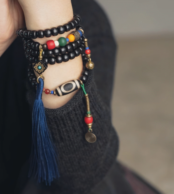 Ethnic - Style Thunderstruck Wood Bracelet Set with Agate & Brass Tassels: Multi - Layered Jewelry for Men & Women - Image 2