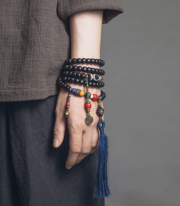 Ethnic - Style Thunderstruck Wood Bracelet Set with Agate & Brass Tassels: Multi - Layered Jewelry for Men & Women - Image 3