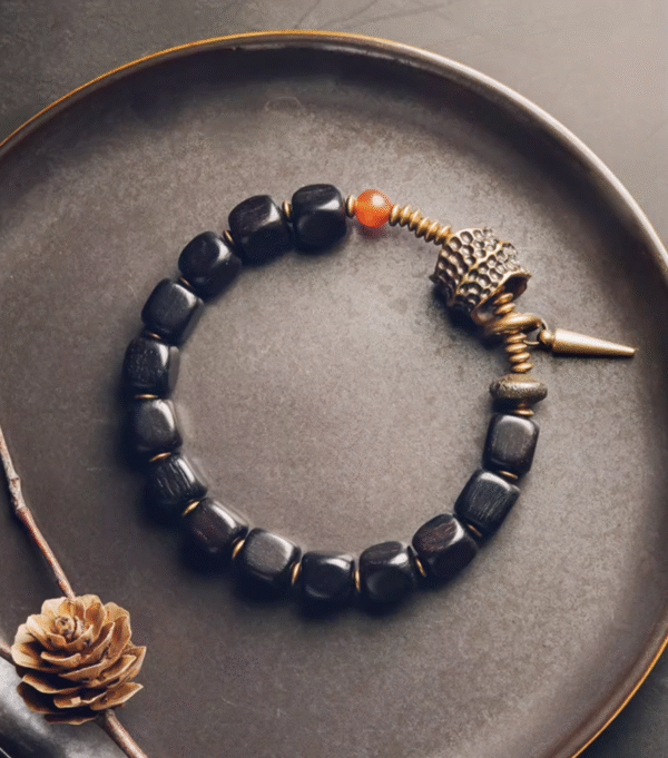 Handmade Thunderstruck Wood, Agate & Brass Bracelet: Mysterious Bohemian - Style Unisex Jewelry