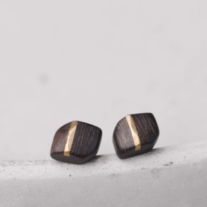 Handmade Thunderstruck Wood & Brass Inlaid Stud Earrings: Mysterious Artisan - Crafted Retro Women’s Jewelry