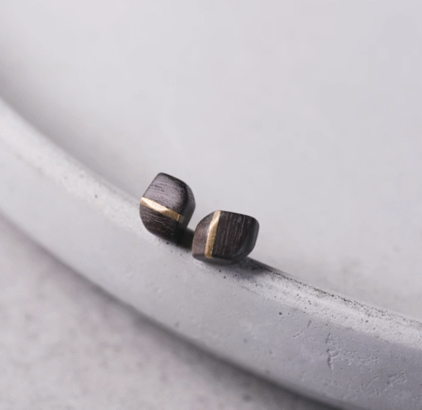 Handmade Thunderstruck Wood & Brass Inlaid Stud Earrings: Mysterious Artisan - Crafted Retro Women’s Jewelry - Image 5