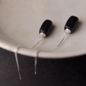 Handmade Thunderstruck Wood & Sterling Silver Long Drop Earrings: Mysterious Artisan - Crafted Retro Women’s Jewelry