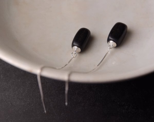 Handmade Thunderstruck Wood & Sterling Silver Long Drop Earrings: Mysterious Artisan - Crafted Retro Women’s Jewelry